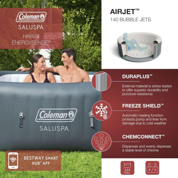 81118c1e7322496b9d4d612423947d9c 4 to 6 Person Inflatable Hot Tub Square Portable Outdoor Spa with 114 Soothing AirJets and Insulated Cover, Gray-Coleman