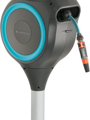 GARDENA (18614-80) 66′ x 1/2′′ Automatic Retractable Garden Hose Reel on Metal Spike, 66′ Outside Garden Hose Length, with 360° Rotation to Reach All Areas of Your Yard