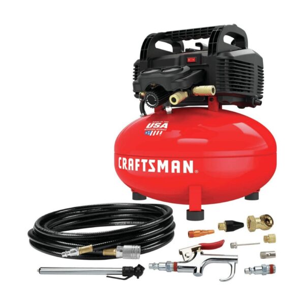 81da2daa8d7e4b1786cf6ec793395ef8 6 Gallon Pancake Air Compressor, Oil-Free, 150 PSI, Portable with Accessory Kit