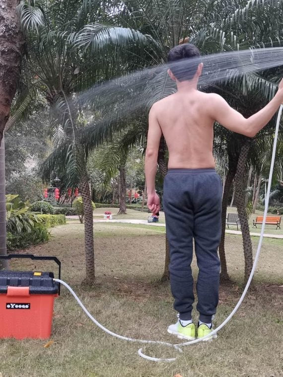 Portable Outdoor Shower System, 6.6-Gallon, High Pressure, Battery Powered, 12000mAh, with Pump & Garden Hose Nozzles, Ideal for Camping