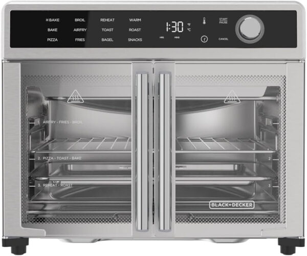 Crisp ‘N Bake Air Fryer Toaster Oven Combo, 12 in 1 Countertop Convection Oven Cooks Food Fast, Fits a Whole Pizza or 6 Toast Slices, French Doors with Stainless Steel Finish