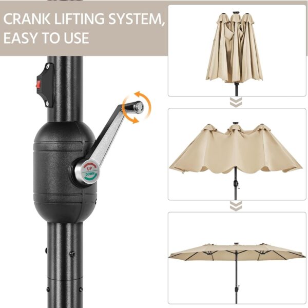 825b07b7d9474004add9de22899cc255 15 ft Large Patio Umbrella with Solar Lights Double-Sided Outdoor Rectangle Market Umbrellas with 36 LED Lights/Base Included/Easy Crank for Patio Garden Yard Pool Lawn, Brown