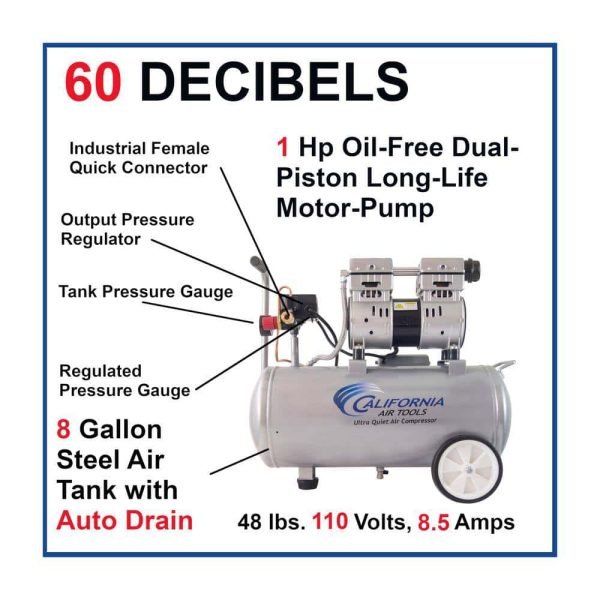 California Air Tools 8 Gal. 1 HP 120 PSI Ultra Quiet and Oil-Free Electric Horizontal Tank Air Compressor with Automatic Drain