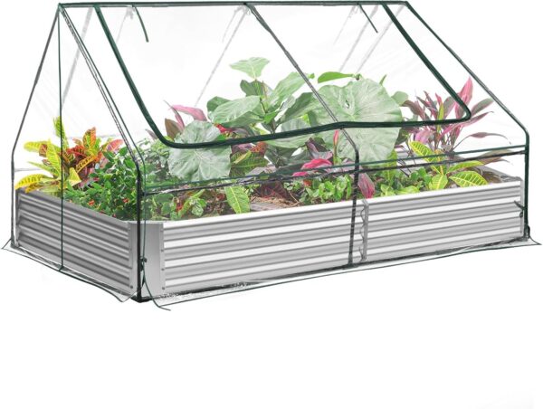 Land Guard 6x3x1ft Galvanized Raised Garden Bed with Waterproof Cover Small Mini Portable Antifreeze Greenhouse Kit for Metal Planter Box with 2 Huge Roll-up Zipper Door Window