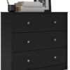 3-Pc Scandinavian Design Engineered Wood Bedroom Furniture Set with 3-Drawer Chest & 6-Drawer Double Dresser & 1-Drawer Nightstand, Pewter Plastic Handles, Smooth Plastic Glides, in Black