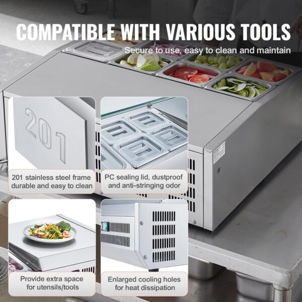 83c79c43fc6d413ea658bfb4ac91cd42 Refrigerated Condiment Prep Station, 135 W Countertop Refrigerated Condiment Station, with 2 1/3 Pans & 4 1/6 Pans, 304 Stainless Body and PC Lid, Sandwich Prep Table with Stainless Guard, ETL