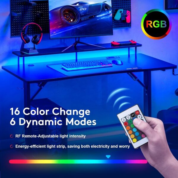 GTRACING 55 Inch Gaming Desk with LED Lights, Computer Gamer Desk with Monitor Stand, Ergonomic Carbon Fiber Surface Gaming Table with Mouse Pad for Home Office, RGB
