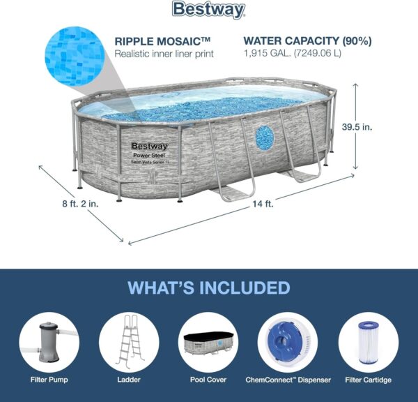 Bestway Oval Above Ground Pool Set (10′ x 6’7′′ x 33′′)| Includes Filter Pump & ChemConnect Dispenser