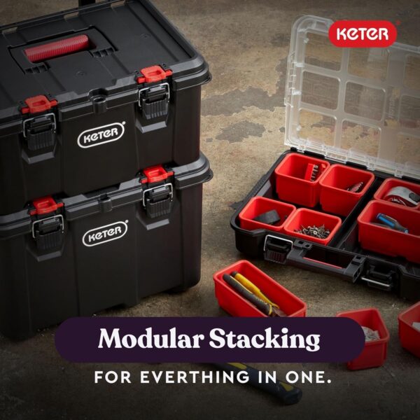 Keter Stack-n-Roll Modular Tools Organizer for Garage Storage and DIY, 3 Piece Resin Rolling Tool Box System for Small Parts