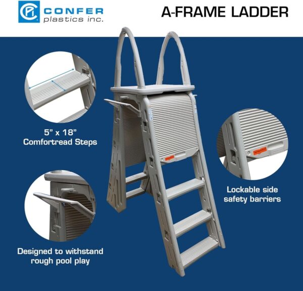 Confer Plastics 7200 Roll Guard 48′′ to 56′′ Adjustable A Frame Safety Ladder for Above Ground Outdoor Patio Swimming Pool Platform Ladder with Step Barrier, Warm Grey...