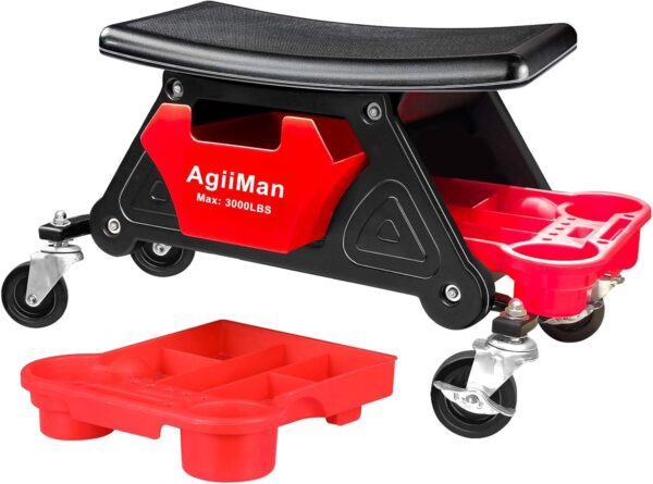 AgiiMan Mechanic Stool – Detailing Garage Rolling Stool with Wheels, Automotive Roller Creeper Seat Chair Repair Tools Tray, 2 Tool Storage Drawers Under Seat, 300 Lbs Capacity