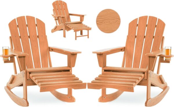 8511e2b8a3ac4e2f8042d43e8afebb35 Folding Adirondack Rocking Chair,4-in-1 Multifunctional Patio Chair with Retractable Ottoman, Outdoor Chair Wood Texture, Lawn Chair for Porch, Backyard, Pool(Grey)