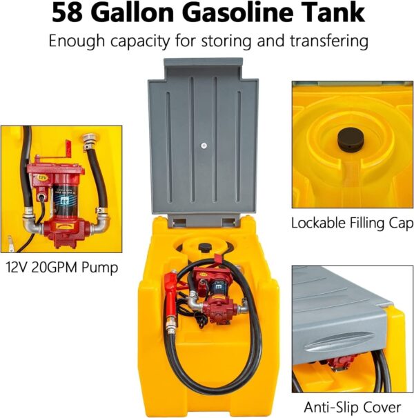 85339906608b463292f84a753e2fc49a TECSPACE 58 Gallon Gasoline Tank, Portable Fuel Tank with 12V Electric Fuel Transfer Pump, 40 GPM Gasoline Fuel Tank with 4 Meters Hose for Gasoline Transportation (Yellow, 58 gal)