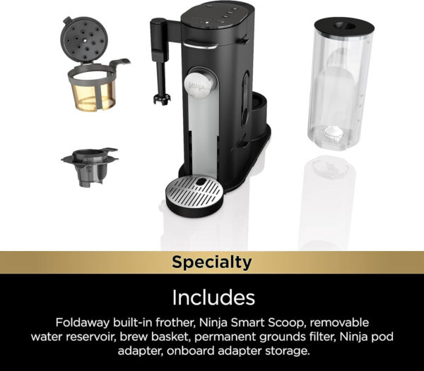 Ninja Pod & Grounds Specialty Single-Serve Coffee Maker, K-Cup Pod Compatible, Brews Grounds, Compact Design, Built-In Milk Frother, 56-oz. Reservoir, 6-oz. Cup to 24-oz. Mug Sizes, Stone, PB051ST