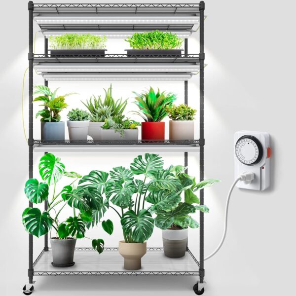 Barrina Mini Greenhouse with LED Grow Light for Indoor Plant, 4-Tier Portable Metal Plant Stand with Wheels, Plant Shelf with Tent, 6Pcs Plant Light with Timer and Thermo-Hygrometer, 35.4×13.8x59IN