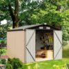 Aoxun 6.2×4 FT Shed Outdoor Storage Shed Metal Garden Shed with Lockable Doors & Slooping Roof Tool Shed Bike Shed for Backyard, Patio, Poolside (Brown)