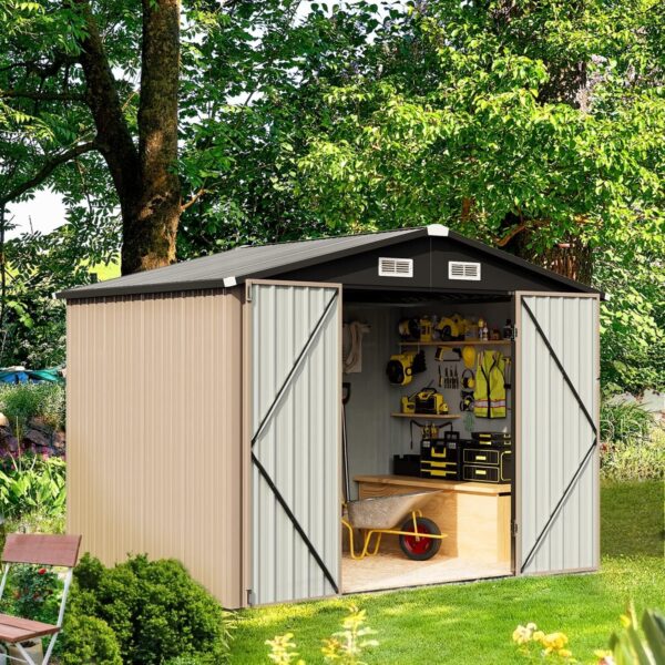 85b62179502347908d3de9b26fb0f4b4 Aoxun 6.2×4 FT Shed Outdoor Storage Shed Metal Garden Shed with Lockable Doors & Slooping Roof Tool Shed Bike Shed for Backyard, Patio, Poolside (Brown)