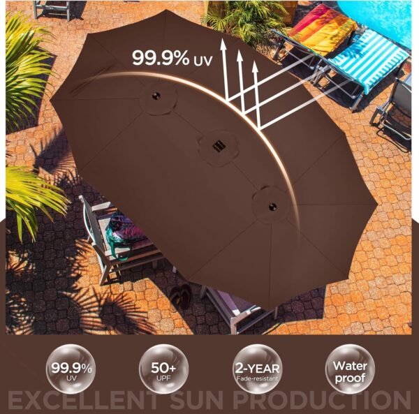 85db4b8162e44be0865f68e92282ac86 15 ft Large Patio Umbrella with Solar Lights Double-Sided Outdoor Rectangle Market Umbrellas with 36 LED Lights/Base Included/Easy Crank for Patio Garden Yard Pool Lawn, Brown