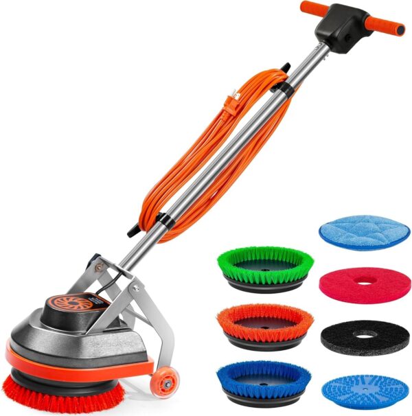 Commercial Floor Scrubber Machine with Brushes and Pads, Heavy Duty Floor Buffer Polisher and Cleaner- Deep Cleaning Tile and Grout, Hardwood Floors and Carpets without Getting on Hands and Knees