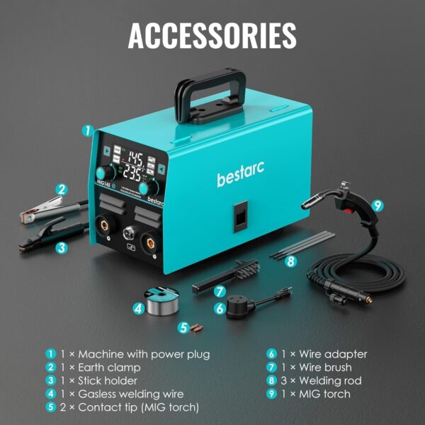 8652abfc66c44f5794c7e6d0cfb52096 145A MIG Welder, 110V/220V Dual Voltage Gas/Gasless Flux Core MIG Welder/Lift TIG/Stick 3 in 1 Synergic MIG145 9GEN Welding Machine, Flux/Solid Welder Digital Screen Display