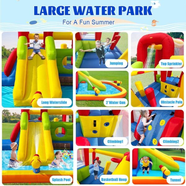 Bounce House Inflatable Water Slide for Kids, Water Park With Splash Pool, Double Cannon, 2 Climbing Walls, Obstacles, Blow Up Jumping Castle With Blower