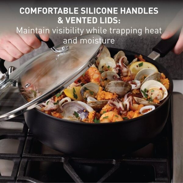 Ultimate Hard Anodized Nonstick Cookware Set 14 Piece, Oven Broiler Safe 400F, Lid Safe 350F, Kitchen Cooking Set w/Fry Pans, Saucepans, Griddle, Dutch Oven, Pots & Pans, Dishwasher Safe, Black