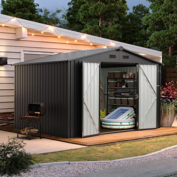 87ac3f680d894c2cb8ee4177659da055 Aoxun 5×2.7 FT Outdoor Metal Storage Shed – Durable Water-Resistant Galvanized Steel, Sloping Roof Design, Lockable Door – Ideal for Tool Storage on Lawn, Patio & Backyard (Black)