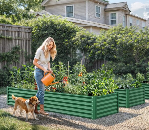 8x4x2ft 2pcs Large Raised Garden Bed Kit, Galvanized Metal Planter Box with Gloves, Ground Nails & Safety Rubber, Outdoor Above Ground Planters for Plants Vegetables Flowers, Green