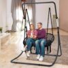 Hammock Chair Macrame Hanging Swing with Cushion,Hanging Cotton Ropes, Metal Frame, 450 lbs Capacity Indoor Outdoor, Patio, Balcony, Living,Deck, Yard, Garden(Double Swing) Beige