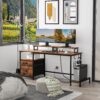 Furologee Computer Desk with Drawer and Power Outlets, 47′′ Office Desk with 2 Monitor Stands and Fabric File Cabinet, Writing Gaming Table with Shelves and 2 Hooks for Home Office, Rustic Brown