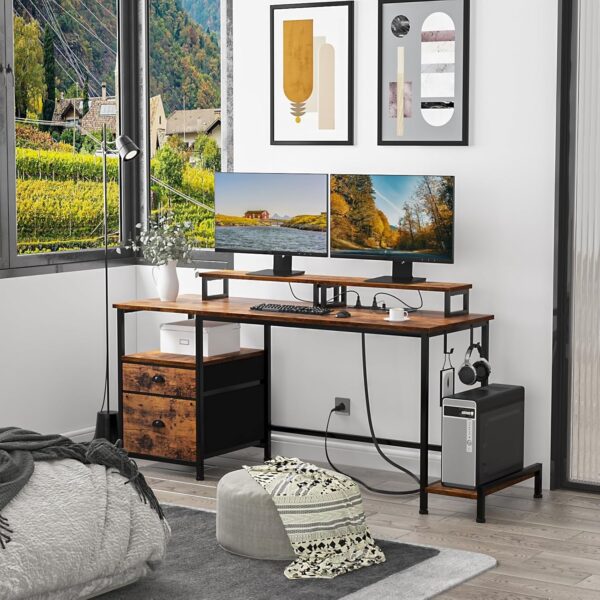 8828ce85120143fca39a7faab0a7f9ae Furologee Computer Desk with Drawer and Power Outlets, 47′′ Office Desk with 2 Monitor Stands and Fabric File Cabinet, Writing Gaming Table with Shelves and 2 Hooks for Home Office, Rustic Brown