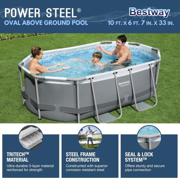 Bestway Oval Above Ground Pool Set (10′ x 6’7′′ x 33′′)| Includes Filter Pump & ChemConnect Dispenser