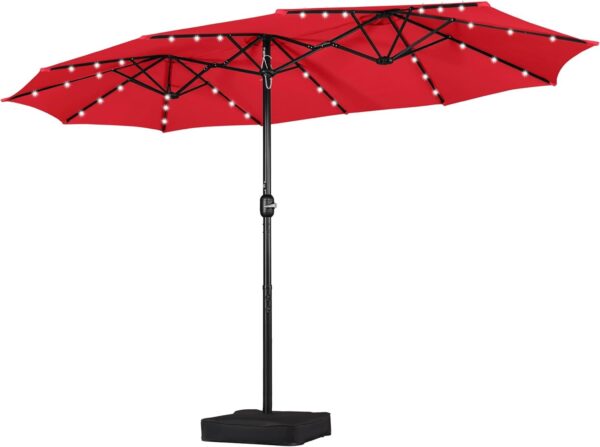 8856b62890f34c04997c53944ebd6b12 15 ft Large Patio Umbrella with Solar Lights Double-Sided Outdoor Rectangle Market Umbrellas with 36 LED Lights/Base Included/Easy Crank for Patio Garden Yard Pool Lawn, Brown