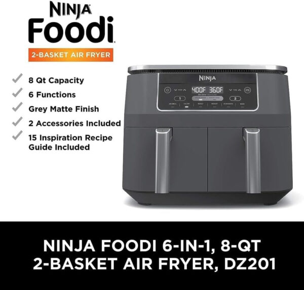 885d1f500b364cf5a0410a08d4fac9dc DZ401 Foodi 10 Quart 6-in-1 DualZone XL 2-Basket Air Fryer with 2 Independent Frying Baskets, Match Cook & Smart Finish to Roast, Broil, Dehydrate for Quick, Easy Family-Sized Meals, Grey