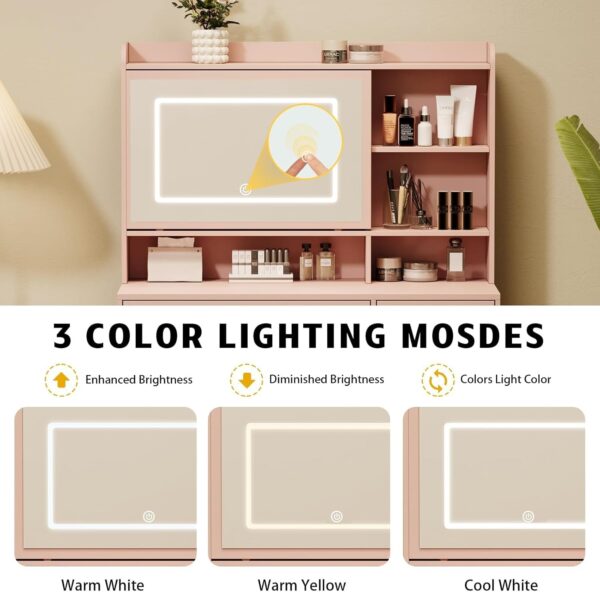 8870df0b8ac74396b1c092840c248d3a Vanity Desk with a Mirror and Lights,with Chair and Four Drawers, Three Adjustable Lighting Modes,with Power Outlet and Sliding LED Mirror,Bedroom Vanity Desk (White)