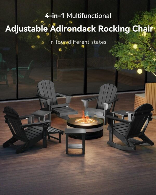 88766326b35a42c0a47ebe5e7803655c Folding Adirondack Rocking Chair,4-in-1 Multifunctional Patio Chair with Retractable Ottoman, Outdoor Chair Wood Texture, Lawn Chair for Porch, Backyard, Pool(Grey)