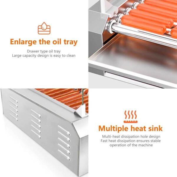 8880b4fbcc4b43cc9db807f1599563d8 1670W Commercial Hot Dog Rollers,11 Rollers 30 Hotdog Roller Grill,Stainless Steel Hot Dog Machine With Dust Cover,Hot Dog Roller Machine With Dual Temp Control And Led Light/Detachable Drip Tray