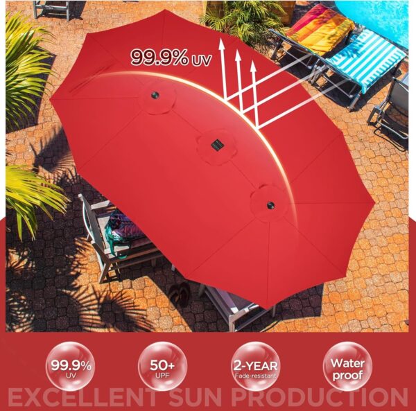 896c5693ca3d4f2db7a6ad9e6adc640e 15 ft Large Patio Umbrella with Solar Lights Double-Sided Outdoor Rectangle Market Umbrellas with 36 LED Lights/Base Included/Easy Crank for Patio Garden Yard Pool Lawn, Brown