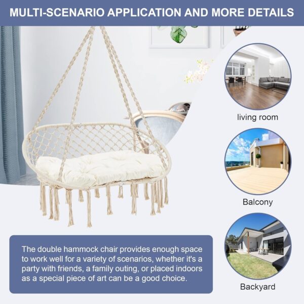 89c1b544feba423699eb665b0061e677 Hammock Chair Macrame Hanging Swing with Cushion,Hanging Cotton Ropes, Metal Frame, 450 lbs Capacity Indoor Outdoor, Patio, Balcony, Living,Deck, Yard, Garden(Double Swing) Beige