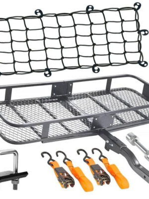 Mockins MA-28 500 lbs. Capacity Hitch Mount Cargo Carrier Set with Net, Basket, Straps, Foldable Shank and 2 in. Raise