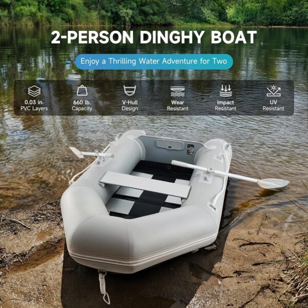 CREWORKS 7.5ft Inflatable Dinghy Boat, 2 Person 660lb Transom Sport Tender Boat with Pump Aluminum Oars Floor, Heavy Duty Inflatable Raft Kayak for Adults