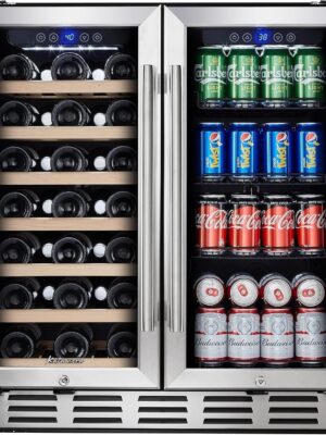 24 inch Wine Cooler, 46 Bottle – Dual Zone Built-in or Freestanding Fridge with Stainless Steel Reversible Glass Door, for Home, Kitchen, or Office.