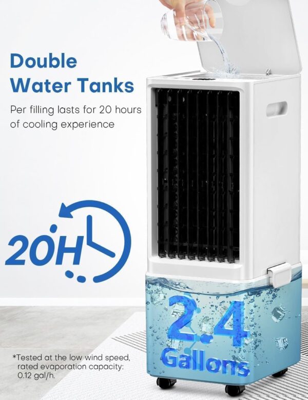 Portable Air Conditioners w/Remote, 4 Modes & 3 Speeds, Waterless Alert System & 2.4-Gal Tank for 20H Cooling, 12H Timer for Auto Off, 3-IN-1 Evaporative Air Cooler for Room Bedroom Home