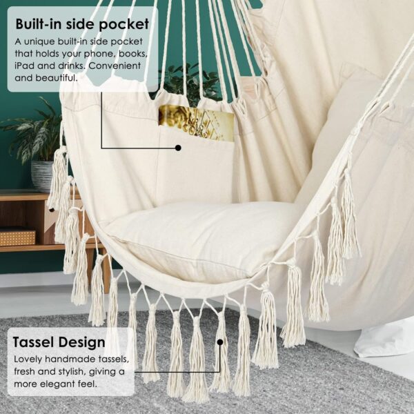 8bbafde9ac0b4dd0b27ca4ba49a8858b Y- Stop Hammock Chair Hanging Rope Swing, Max 500 Lbs, 2 Cushions Included, Large Macrame Hanging Chair with Pocket for Superior Comfort, with Hardware Kit (Beige)