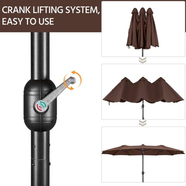 8bbf7f3640fc46d38152f550f3b9f364 15 ft Large Patio Umbrella with Solar Lights Double-Sided Outdoor Rectangle Market Umbrellas with 36 LED Lights/Base Included/Easy Crank for Patio Garden Yard Pool Lawn, Brown