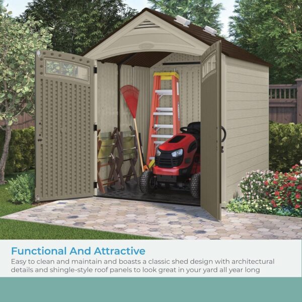 8c33a587d4c74252905bfa183e0f4077 Suncast Vista 7×7 Storage Shed with Multi-Wall Resin Panels, 4 Skylights, IllumiVent System, and Pad-Lockable Doors, 84′′ D x 84′′ W x 98′′ H, Made in The USA