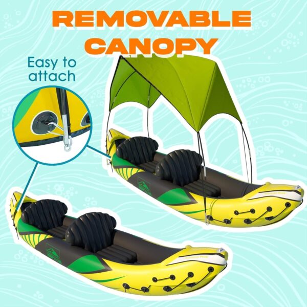 8c90618ab304446fbd4beb3d63d5b9b4 KP Inflatable Kayak 2 Person with Sun Canopy (Detachable) + Kayaks for Adults + 3rd Seat for Dog/Child + Waterproof Phone Bags + Adjustable Seats + Kayak + Backrests & More + New 2024 + Yellow Green