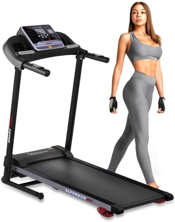SereneLife Folding Treadmill – Foldable Home Fitness Equipment with LCD for Walking & Running – Cardio Exercise Machine – Preset and Adjustable Programs – Bluetooth Connectivity