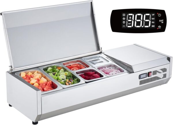8e96f74eb6d44fdd85e8cda89773a858 Refrigerated Condiment Prep Station, 135 W Countertop Refrigerated Condiment Station, with 2 1/3 Pans & 4 1/6 Pans, 304 Stainless Body and PC Lid, Sandwich Prep Table with Stainless Guard, ETL
