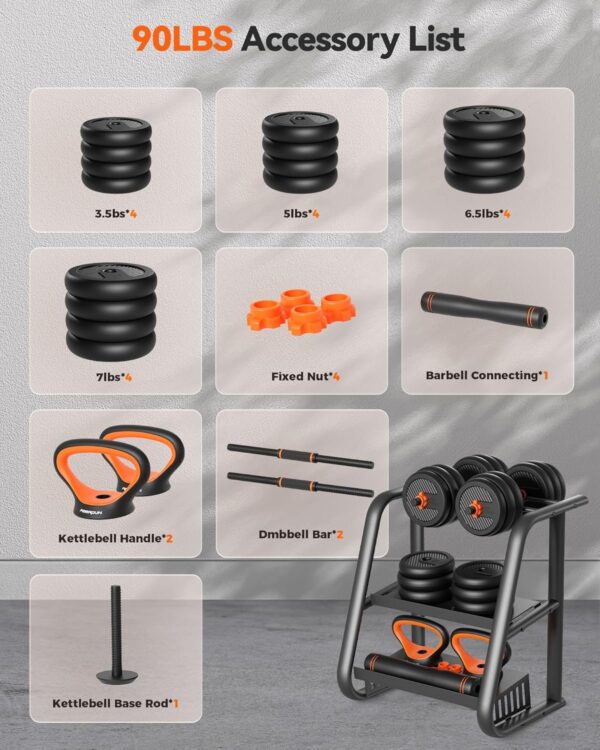 Adjustable Dumbbells, 20/30/40/45/70/90lbs Free Weight Set with Connector, 5 in1 Dumbbells Set Used as Barbell, Kettlebells, Push up Stand, Weight Plate, Fitness Exercises for Home Gym Suitable Men/Women
